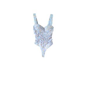 Haute Monde Bodysuit with Bra Corset Size M Light Blue with Small Yellow Flowers